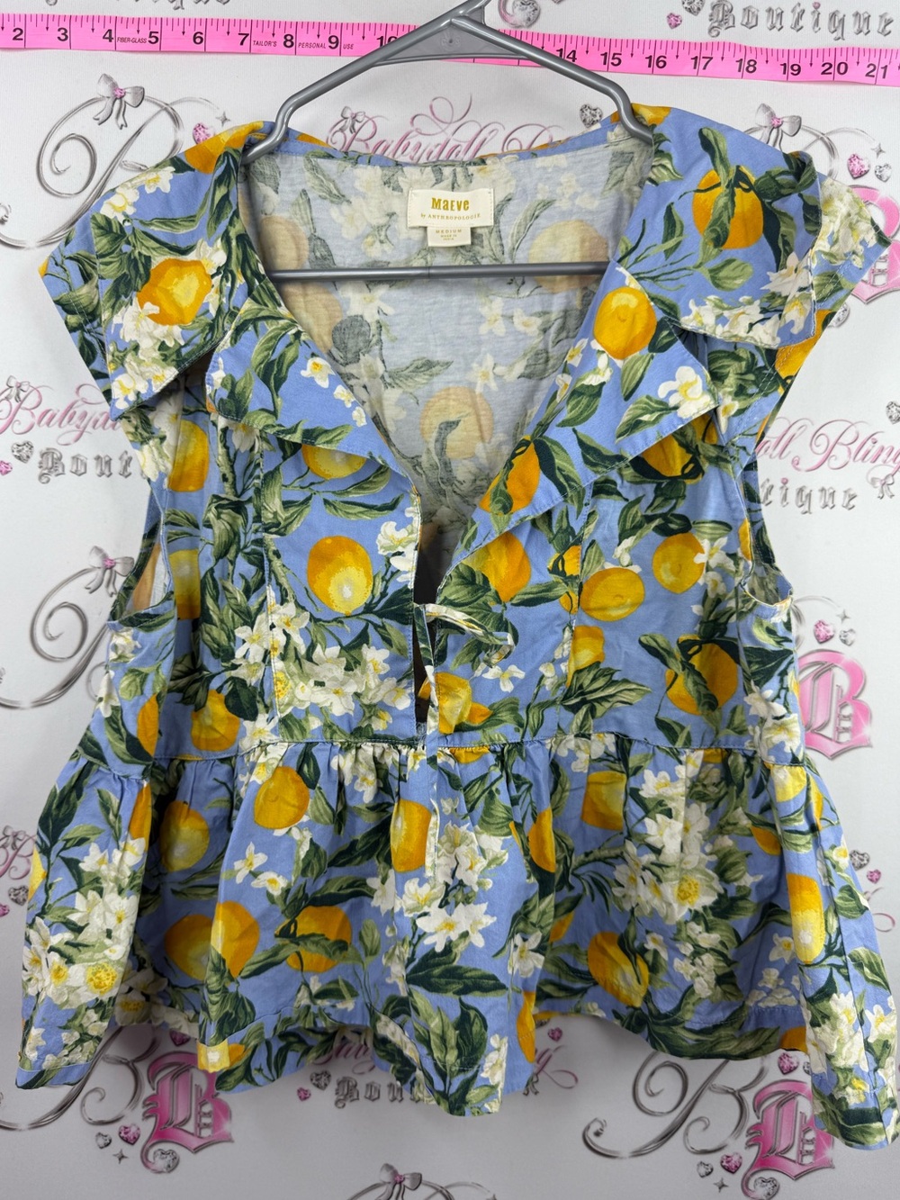 Maeve Anthropologie shirt Blue Lemon Floral Ruffle Peplum Short Sleeve Top